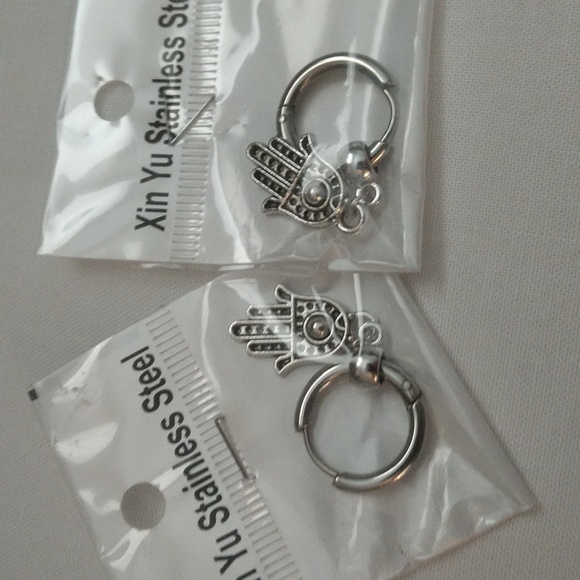 Earrings Stainless Steel Hamsa Hand of Fatima's Evil Eye Protection Silver-tone - Picture 8 of 13